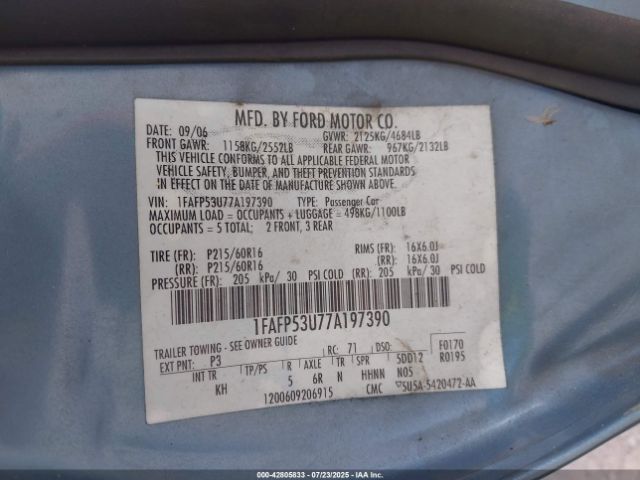 2007 FORD TAURUS 1FAFP53U77A197390 Photo 8