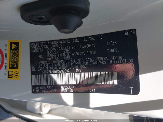 5TDZZRFH9KS292312 Toyota 2gr-fks