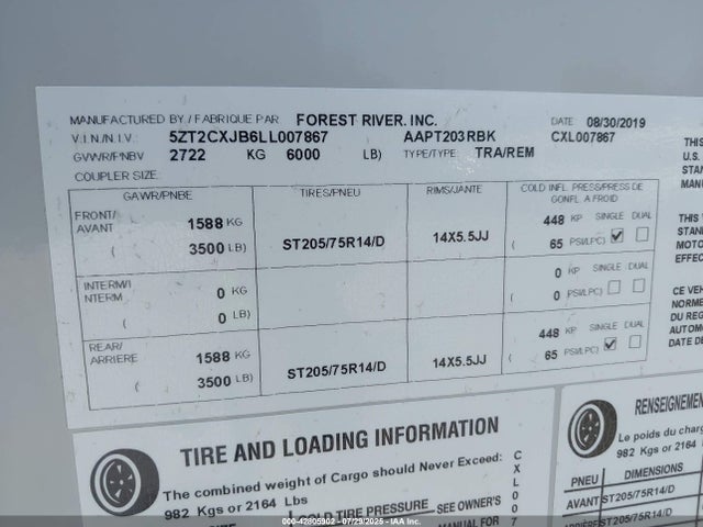 42805902 :رقم المزاد ، 5ZT2CXJB6LL007867 vin ، 2020 Coachmen Apex 203rbk مزاد بيع