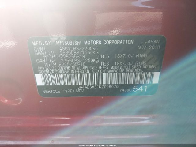 2019 MITSUBISHI OUTLANDER JA4AD3A31KZ026070 Photo 8