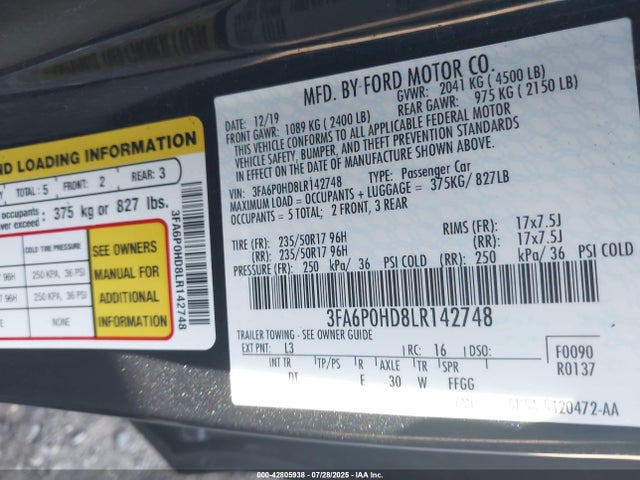 Ford Fusion 2020 3FA6P0HD8LR142748 Image 9