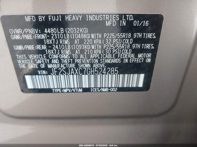 Subaru naturally aspirated u5 2016 JF2SJAXC7GH524285 Image 9