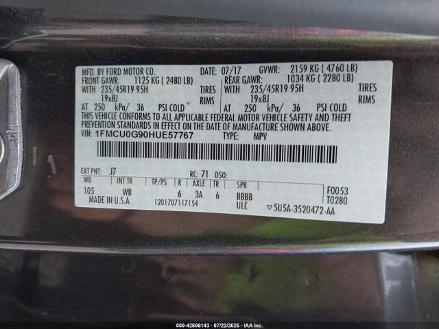 1FMCU0G90HUE57767 Ford 2017