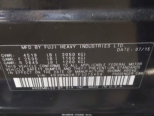 Subaru 2.5l u5 2015 4S3BNAD67F3075459 Image 9