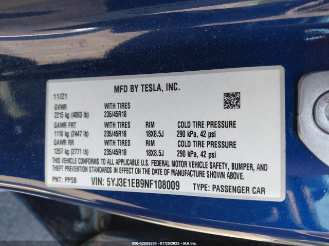 2022 TESLA MODEL 3 5YJ3E1EB9NF108009 Photo 8