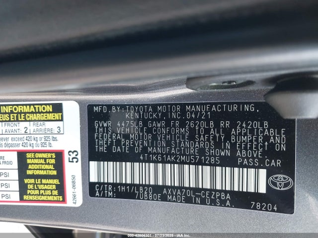 4T1K61AK2MU571285 Toyota a25a-fks