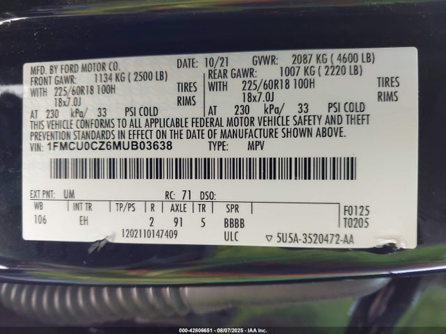 1FMCU0CZ6MUB03638 Ford hev/phev