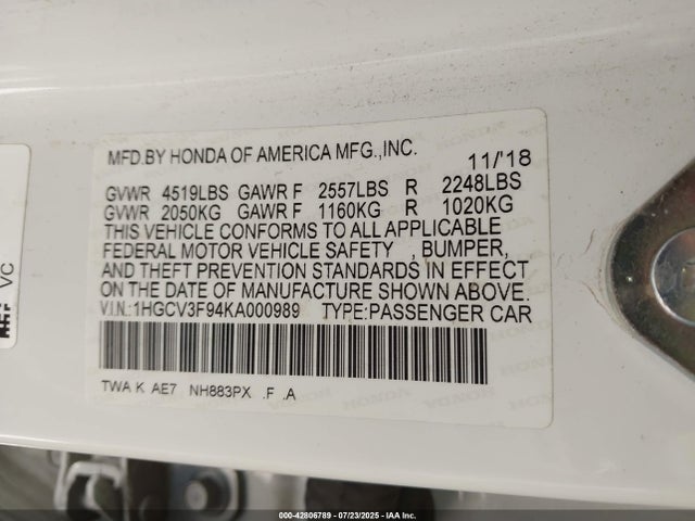 1HGCV3F94KA000989 Honda lfb2