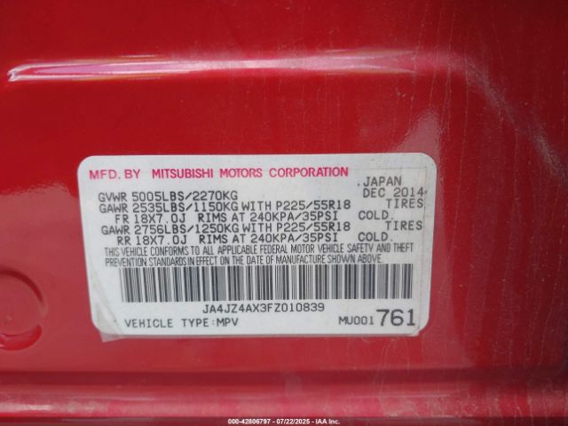 2015 MITSUBISHI OUTLANDER JA4JZ4AX3FZ010839 Photo 8