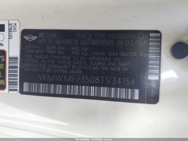 2008 MINI COOPER S WMWMF73508TV34154 Photo 8