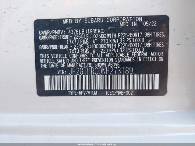 JF2GTHRC0NH273189 Subaru na