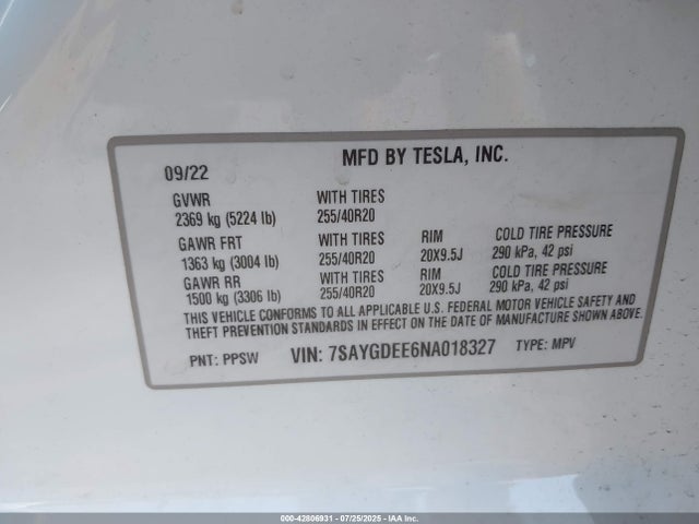 7SAYGDEE6NA018327 Tesla Model Y