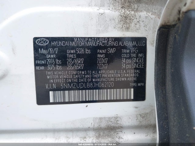 2018 Hyundai Santa Fe Sport 2.4l მანქანა იყიდება აუქციონზე, vin: 5NMZUDLB8JH062120, აუქციონის ნომერი: 42806935