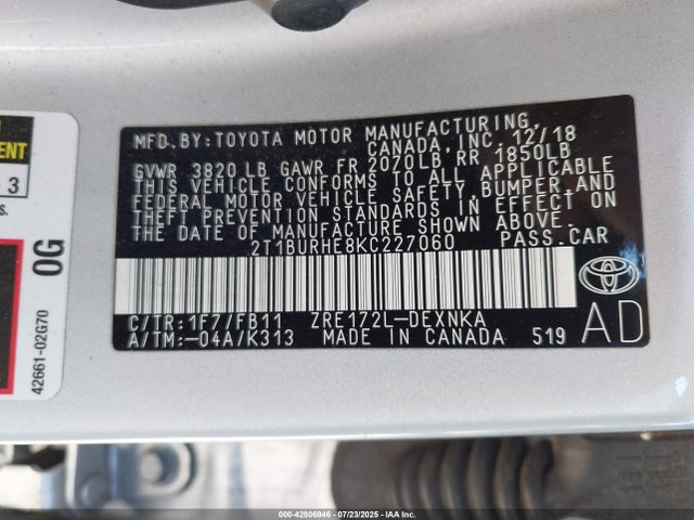 2T1BURHE8KC227060 Toyota 2zr-fe