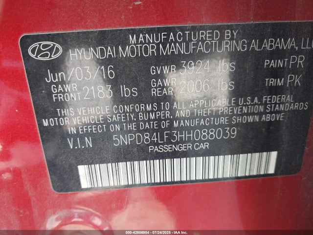 5NPD84LF3HH088039 Hyundai 2017
