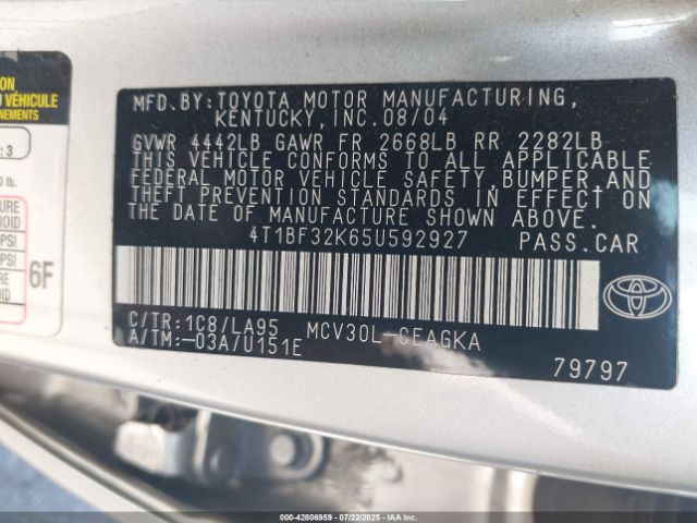 2005 TOYOTA CAMRY 4T1BF32K65U592927 Photo 8