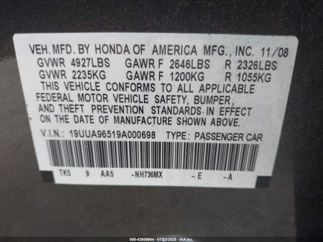2009 ACURA TL 19UUA96519A000698 Photo 8