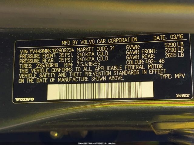 2016 VOLVO XC60 YV449MRK1G2909234 Photo 8