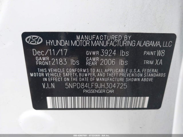 5NPD84LF9JH304725 Hyundai mpi nu