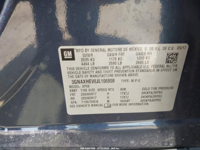 3GNAXHEV8JL106808 Chevrolet lyx - direct injection, vvt, fgt, turbo, alum, gen1