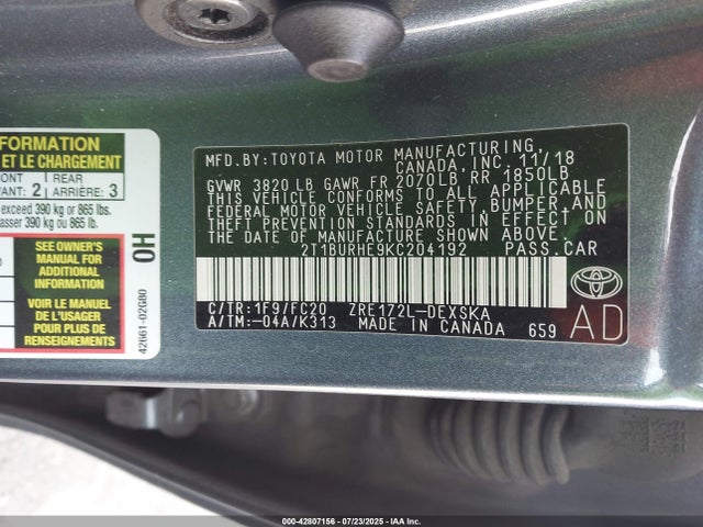 Toyota 2zr-fe 2019 2T1BURHE9KC204192 Image 9