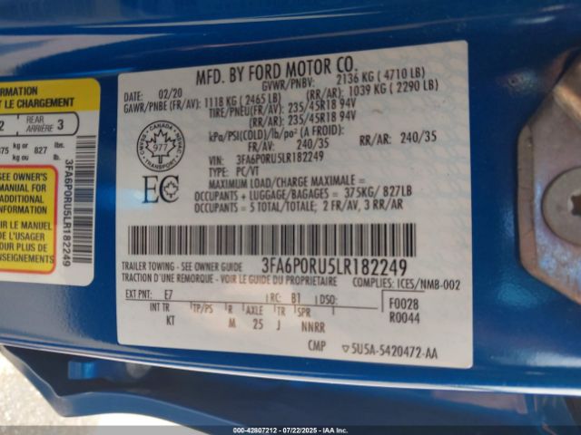 2020 FORD FUSION HYBRID 3FA6P0RU5LR182249 Photo 8