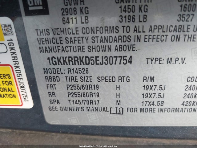 42807267 :رقم المزاد ، 1GKKRRKD5EJ307754 vin ، 2014 Gmc Acadia Slt-1 مزاد بيع