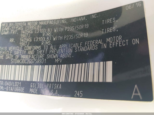 5TDXK3DC2GS758931 Toyota 2gr-fks