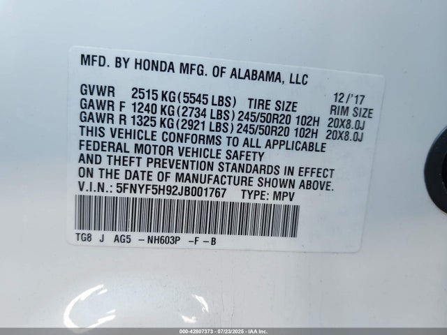 5FNYF5H92JB001767 Honda j35y6