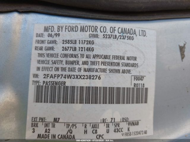 1999 FORD CROWN VICTORIA 2FAFP74W3XX238276 Photo 8