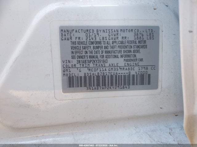 3N1AB7AP2KY291843 Nissan 2019