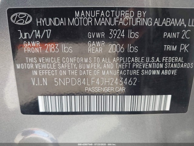 5NPD84LF4JH243462 Hyundai mpi nu