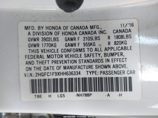 2HGFC1F9XHH636334 Honda l15b7