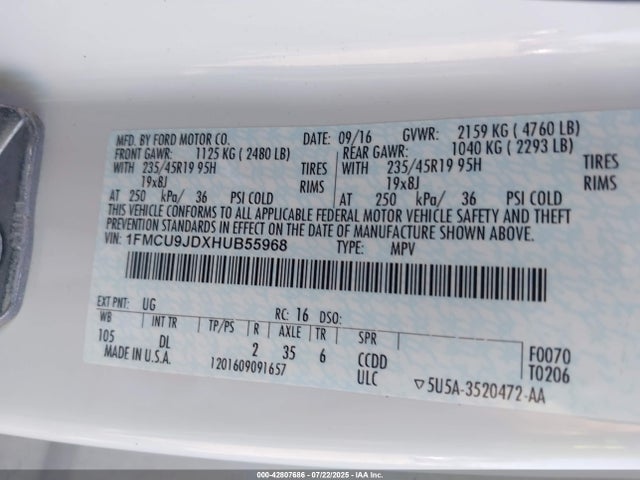 1FMCU9JDXHUB55968 Ford gtdi sigma w/premium fuel