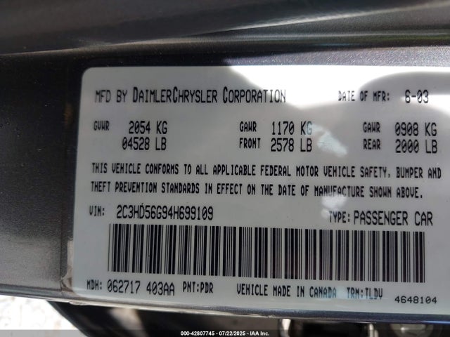 Aukcja sprzedaży 2004 Chrysler Concorde Limited, vin: 2C3HD56G94H699109, numer aukcji: 42807745