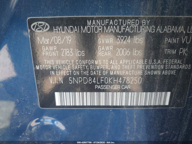 5NPD84LF0KH478250 Hyundai mpi nu