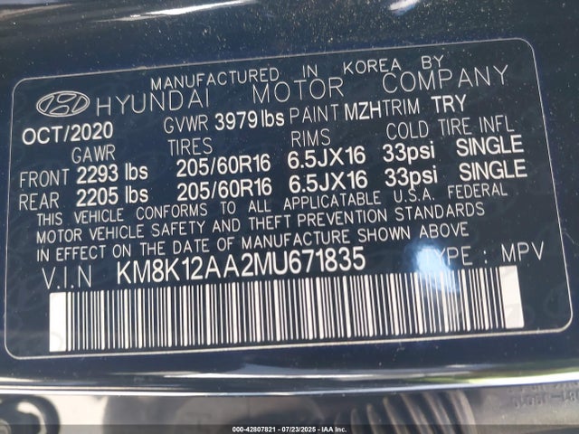 KM8K12AA2MU671835 Hyundai mpi nu