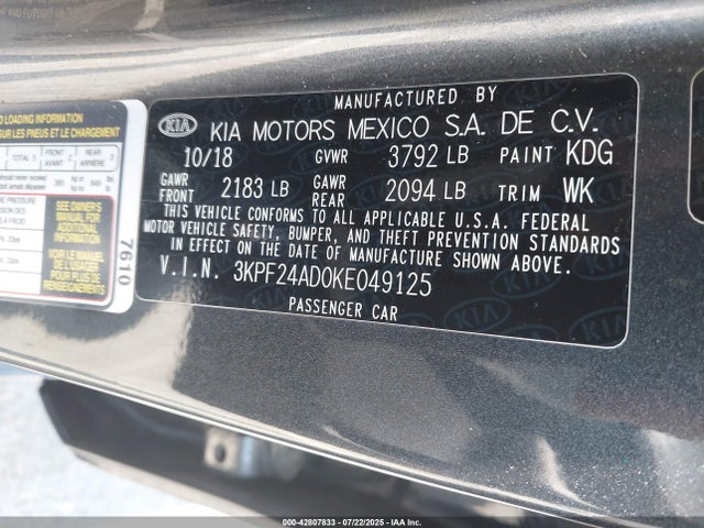 3KPF24AD0KE049125 KIA mpi nu
