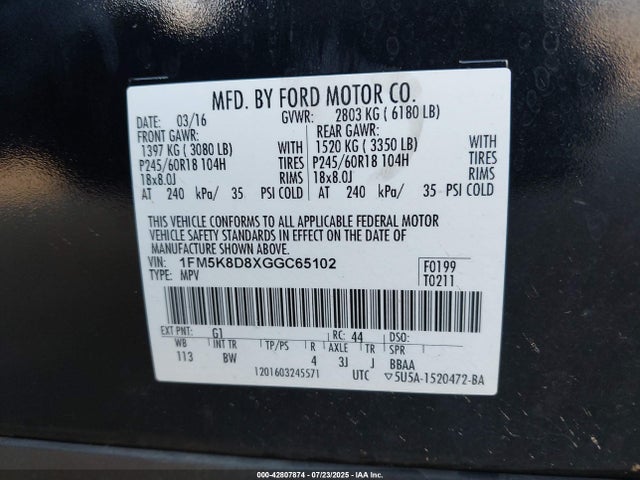 Ford Explorer 2016 1FM5K8D8XGGC65102 Image 9