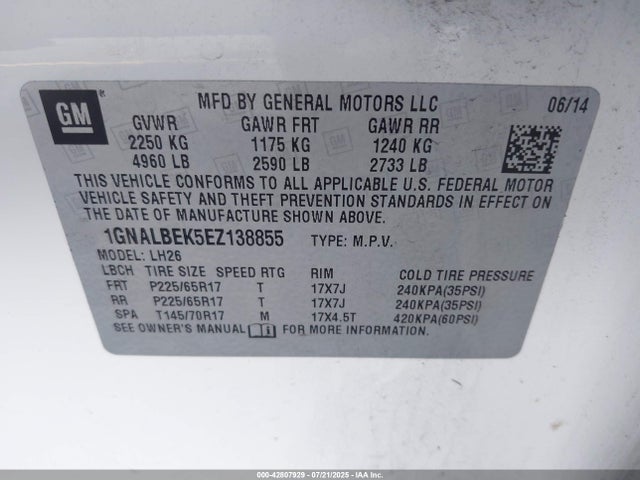 1GNALBEK5EZ138855 Chevrolet lea - flex fuel (gas/alc), aluminum, high output