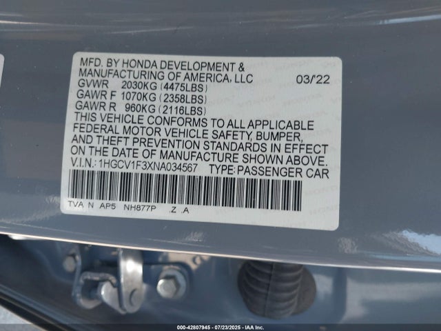 1HGCV1F3XNA034567 Honda l15be