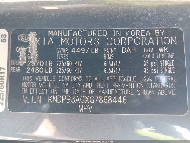 KNDPB3ACXG7868446 KIA dohc gdi theta ii