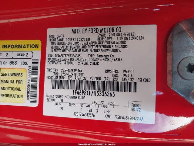 Aukcja sprzedaży 2017 Ford Mustang Gt, vin: 1FA6P8CF7H5336365, numer aukcji: 42808005