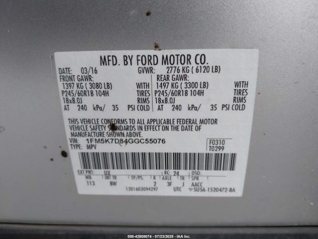 2016 FORD EXPLORER 1FM5K7D84GGC55076 Photo 8
