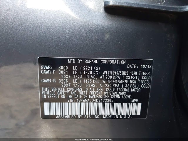 4S4WMALD4K3433305 Subaru Ascent