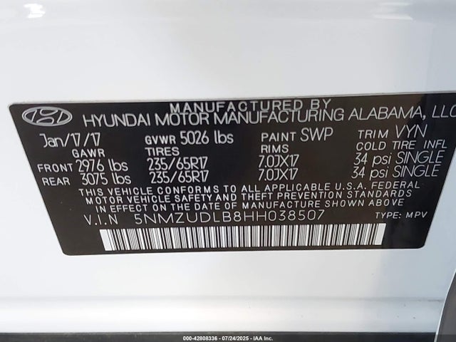 5NMZUDLB8HH038507 Hyundai gdi theta ii