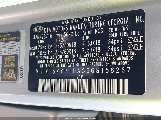 5XYPHDA59GG158267 KIA dohc gdi lambda ii