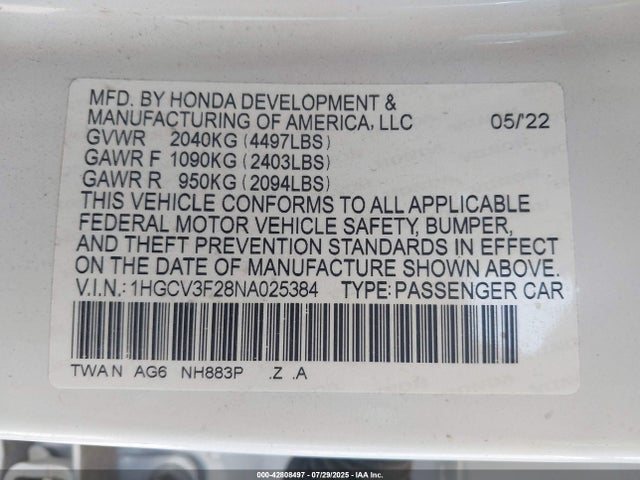 1HGCV3F28NA025384 Honda lfb2