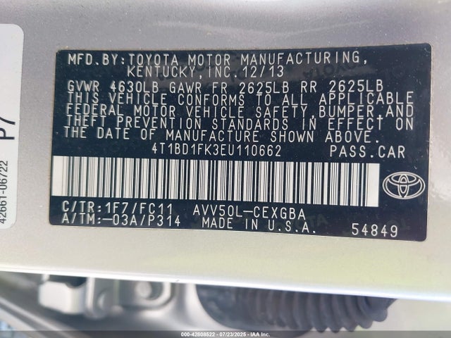 4T1BD1FK3EU110662 Toyota 2ar-fxe+2jm