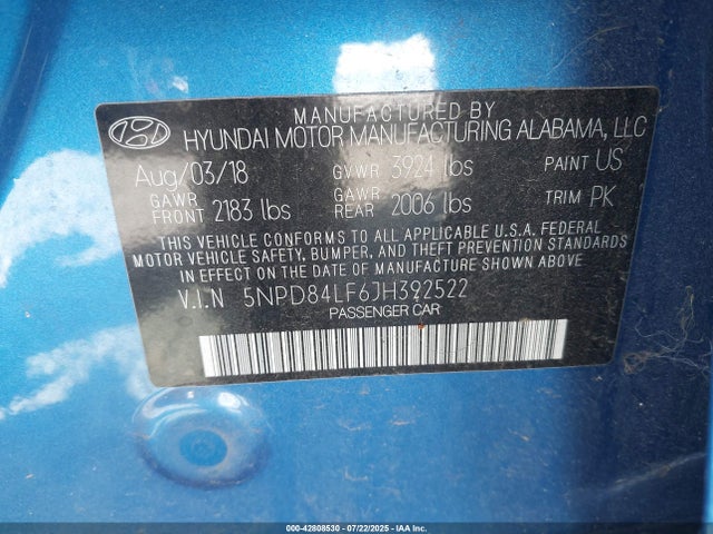 5NPD84LF6JH392522 Hyundai mpi nu
